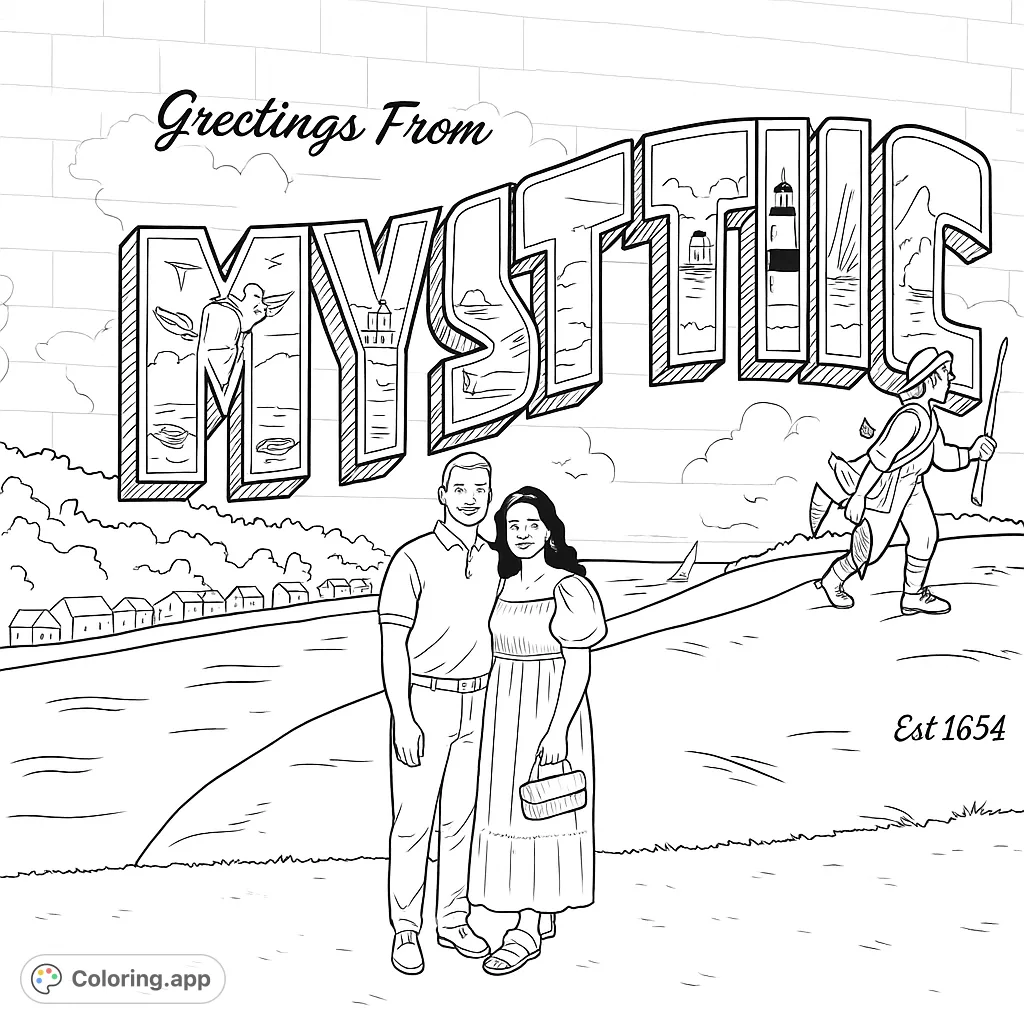 Explore a detailed Mystic town mural featuring iconic landmarks, marine life, and local activities within large decorative letters. A unique travel-themed coloring page.