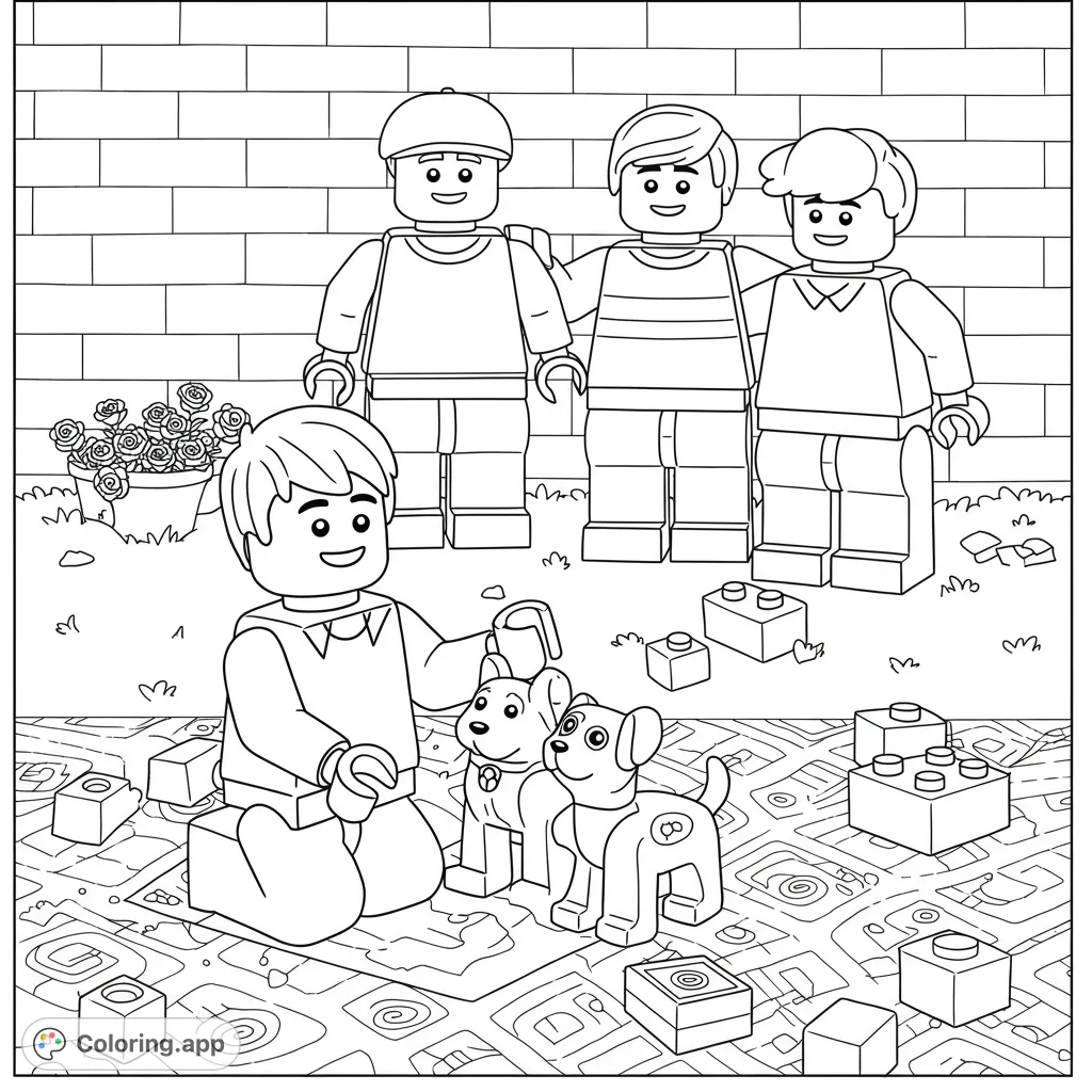 A cheerful Lego boy pets a small Lego dog, while two tall Lego men observe. A simple, fun toy brick scene for young colorists.
