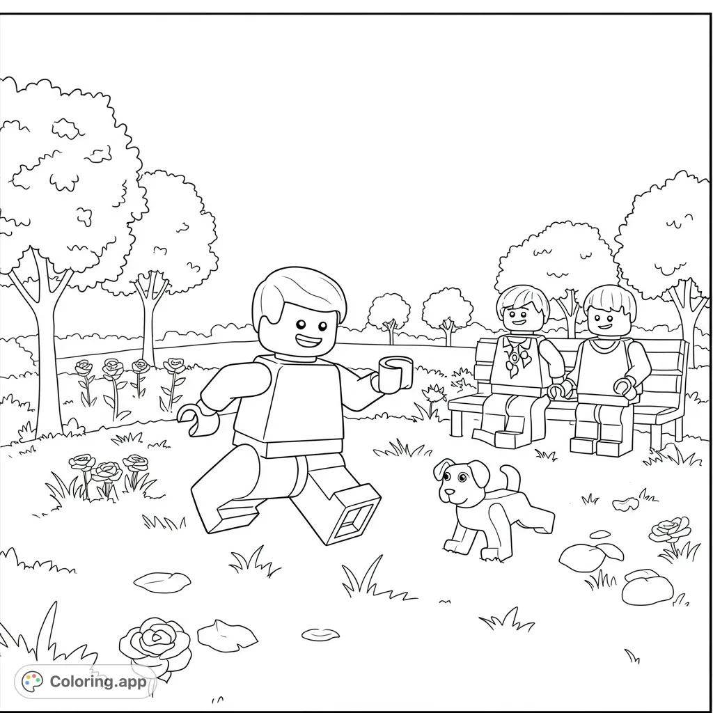 A fun Lego coloring page featuring a boy and dog playing in a park, with two Lego men relaxing on a bench. Perfect for kids!