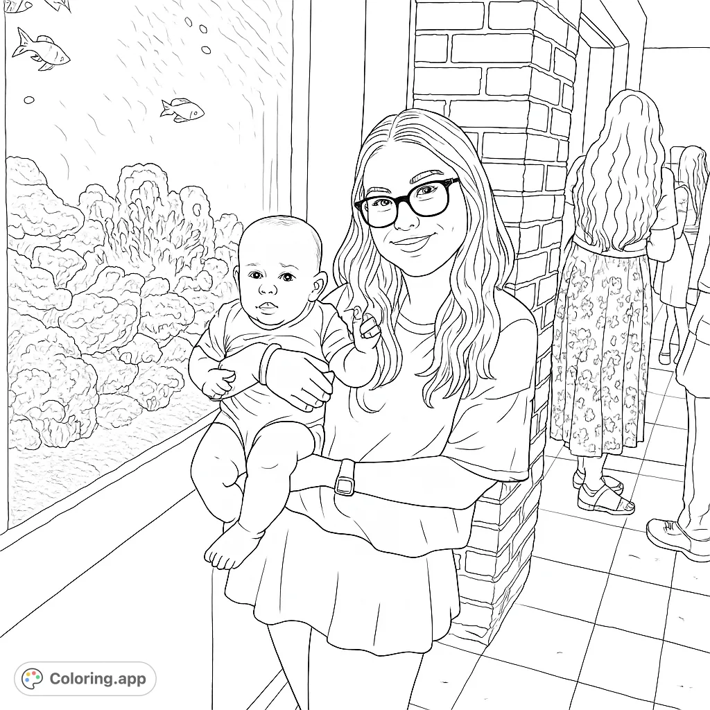 Capture a heartwarming family moment at the aquarium! A young woman holds a baby, with vibrant underwater life in the background. Perfect for all ages.