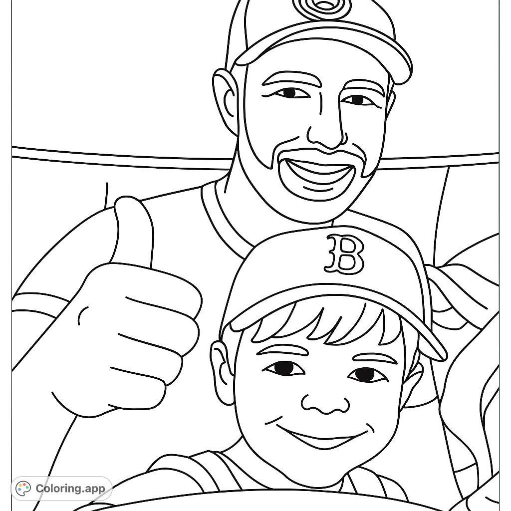 Capture a heartwarming moment with this father and son coloring page. Features a man and boy smiling, with a thumbs-up gesture. Perfect for family fun!