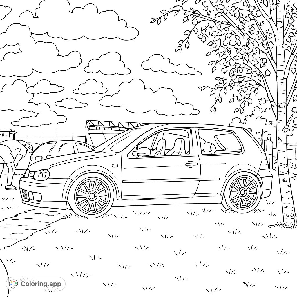 A detailed custom car coloring page featuring a modified hatchback on a grassy field, perfect for car enthusiasts to personalize with their favorite designs.