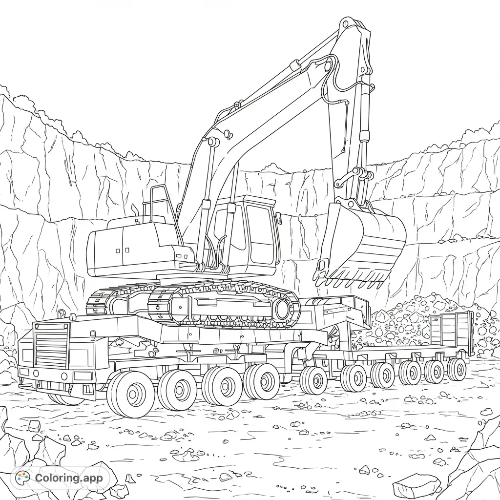 A powerful excavator on a lowboy trailer navigates a rugged rock quarry, ready for heavy-duty work. Perfect for construction vehicle enthusiasts!
