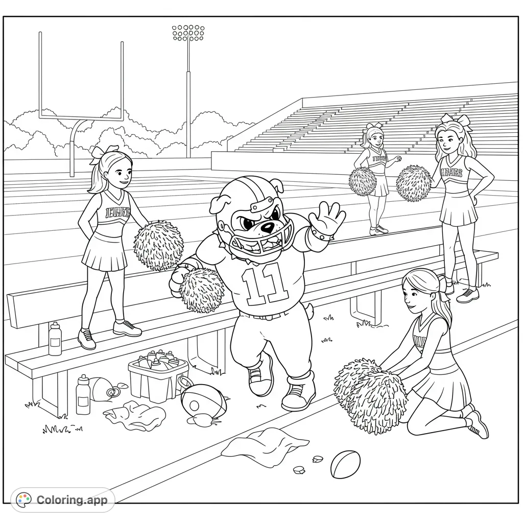 A playful bulldog mascot in a football helmet chases a pom-pom on the sidelines, watched by cheerleaders. A dynamic sports scene for coloring fun!