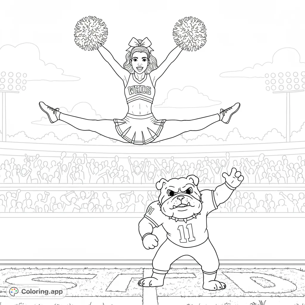 Capture the energy of game day with a dynamic cheerleader mid-jump and a playful bulldog mascot. A spirited sports scene for all ages.