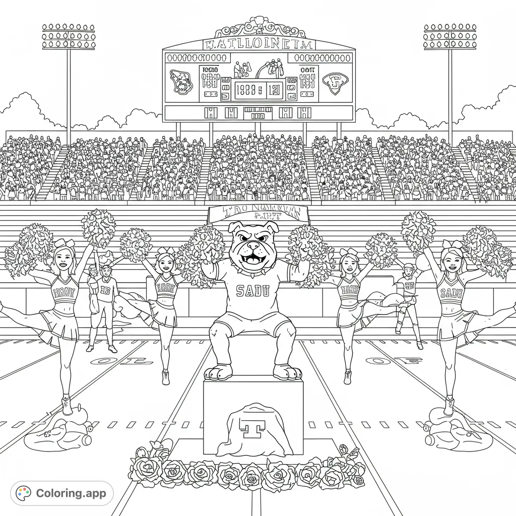 Capture the excitement of game day with cheerleaders, a proud bulldog mascot, and a bustling stadium crowd. A dynamic sports scene for all ages.