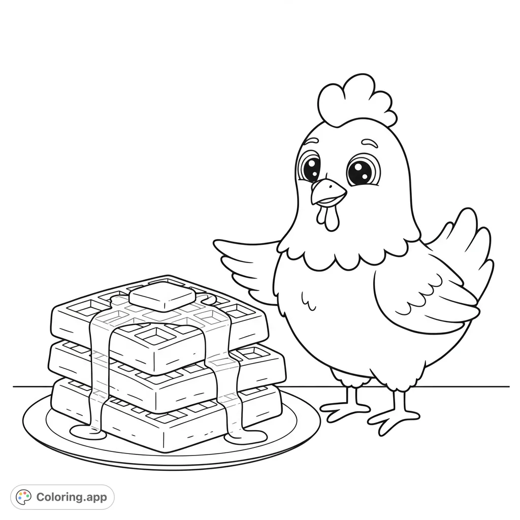 A delightful cartoon chicken presents a stack of fluffy waffles with syrup and butter. A fun and tasty free printable coloring page for kids!