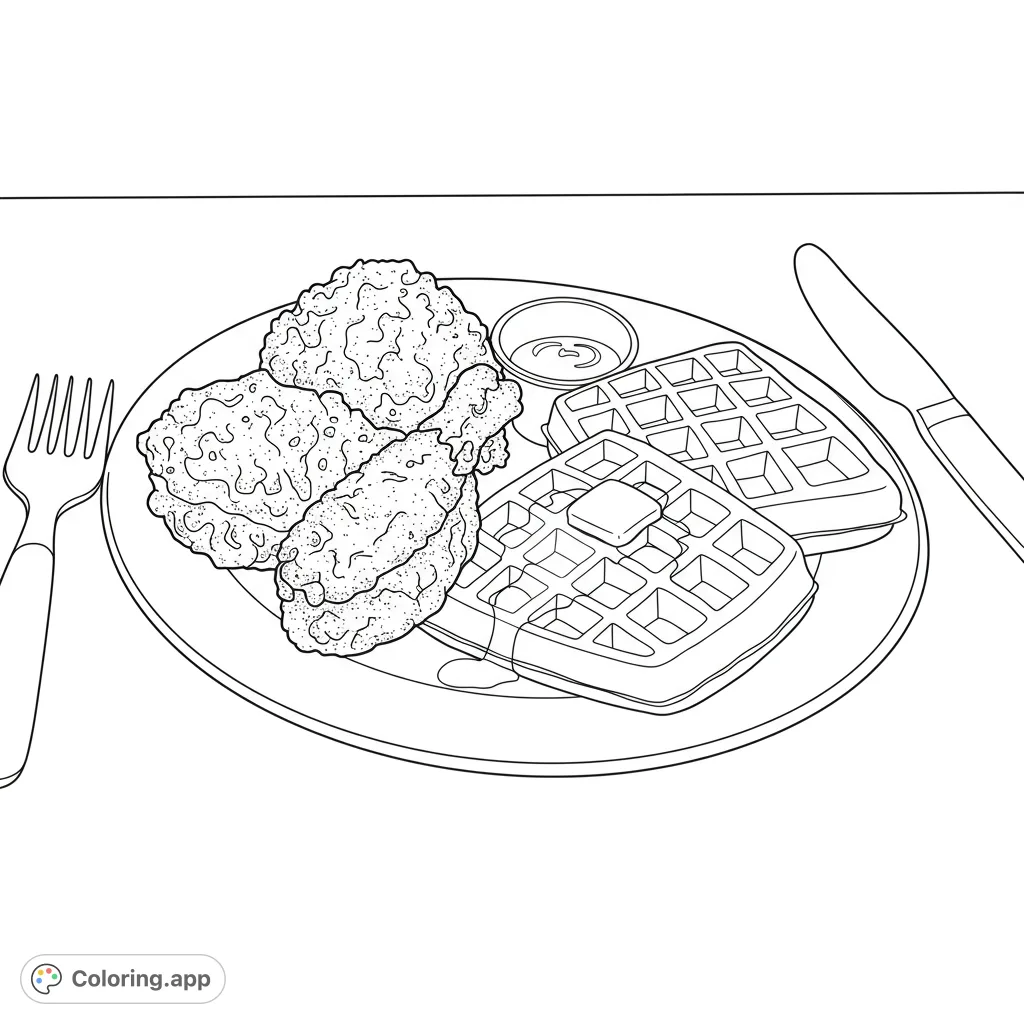 A delightful chicken and waffles coloring page, perfect for kids to enjoy a restaurant scene. Features crispy chicken and fluffy waffles.