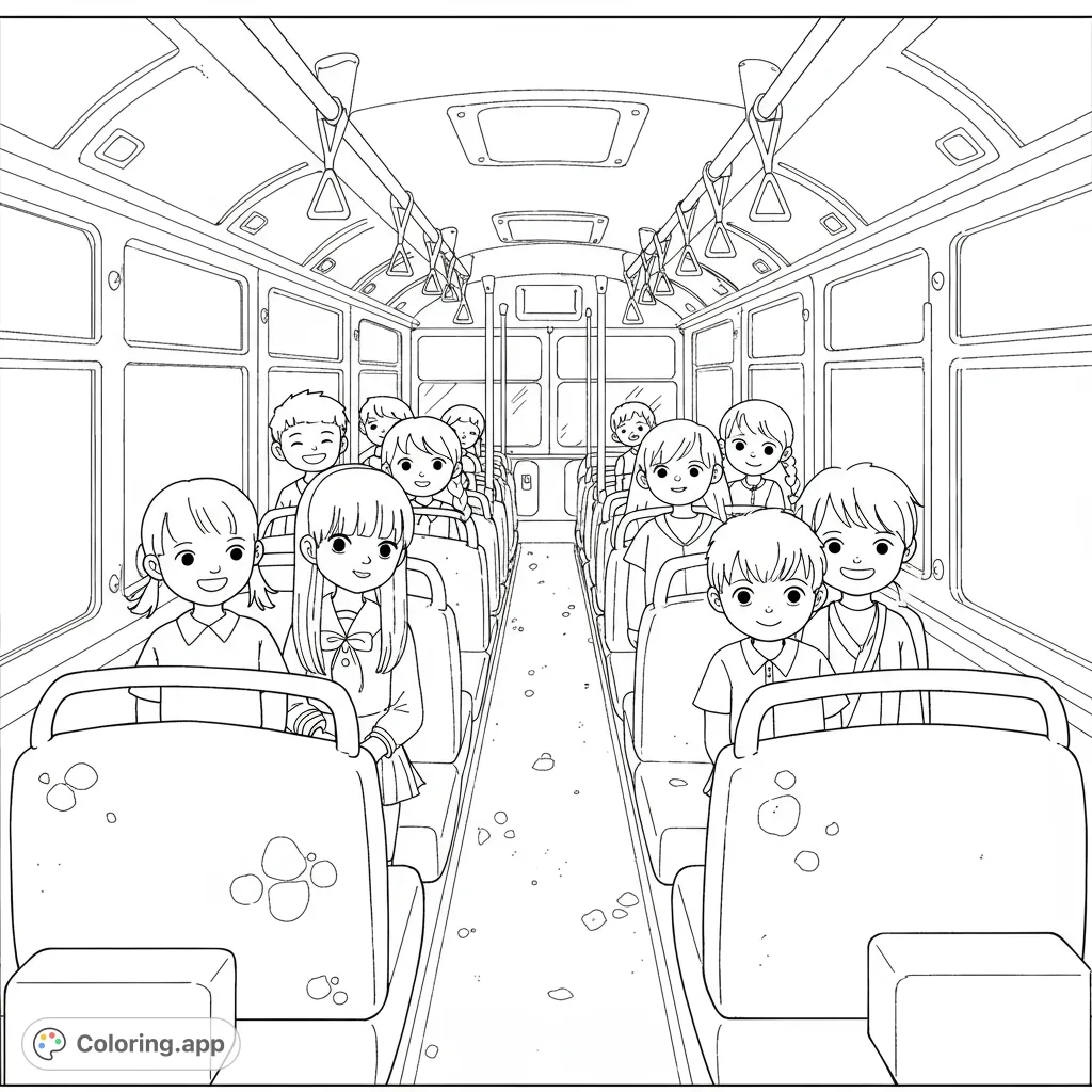 Join Sana and her friends on a cheerful bus ride! This free printable bus ride coloring page features happy children seated on a simple, cartoony bus.