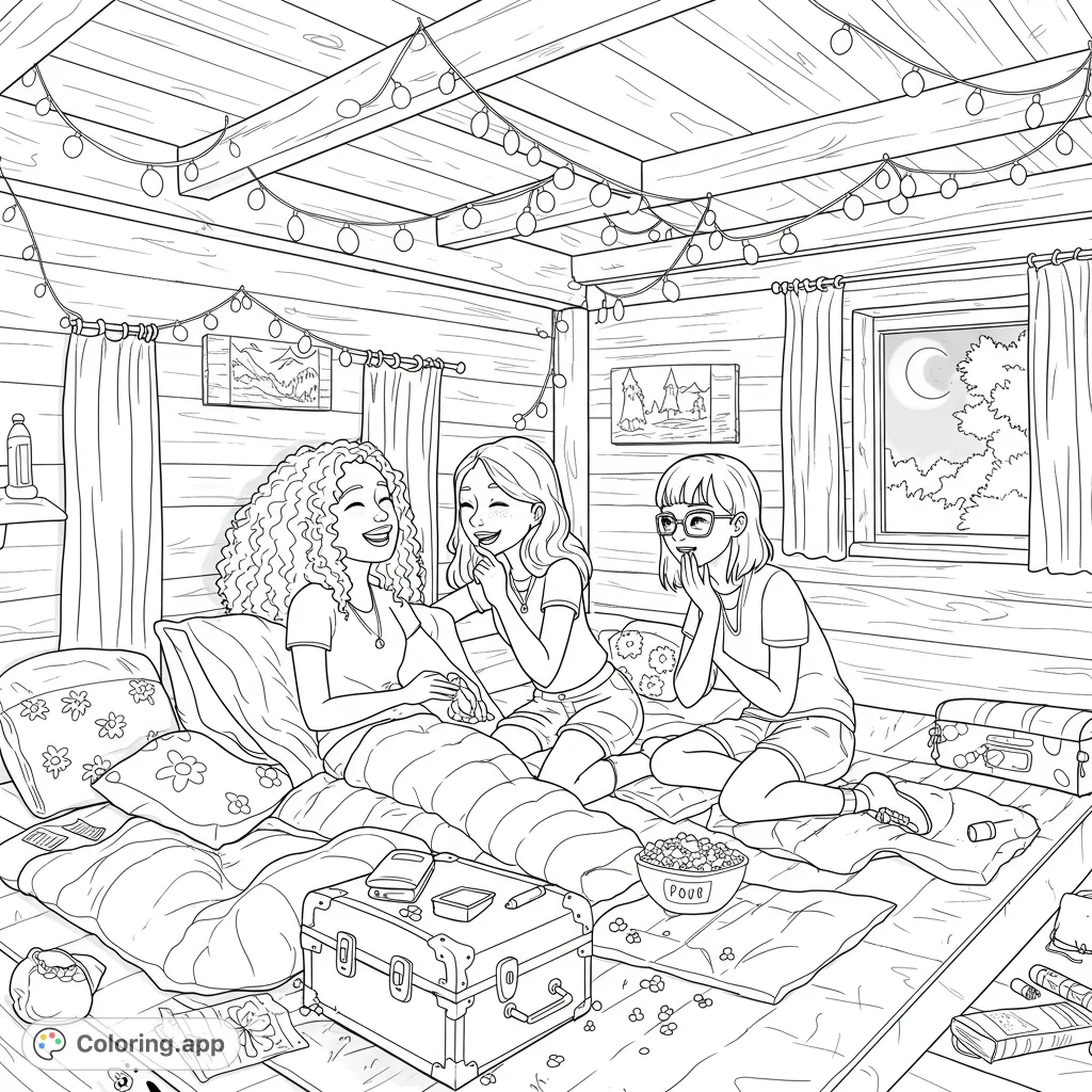 Capture the warmth of friendship in a rustic summer camp cabin. Two girls share secrets and laughter amidst string lights, pillows, and popcorn.