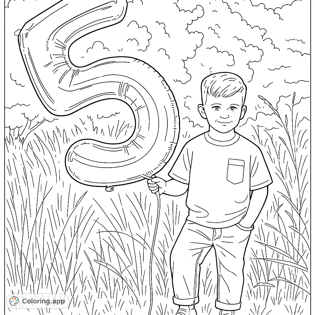A cheerful boy celebrates with a large number five balloon in a grassy field, perfect for a birthday coloring page.