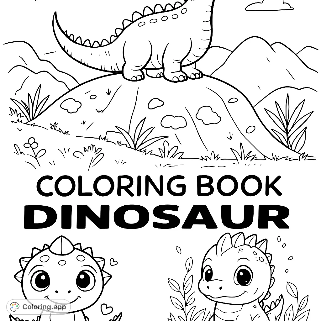 Explore a prehistoric world with a friendly large dinosaur and two adorable baby dinosaurs amidst hills and plants. Perfect for dino fans!
