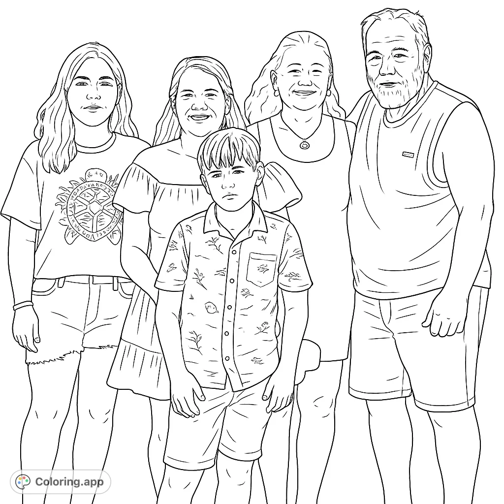 A heartwarming family portrait featuring five individuals, perfect for personalizing with your favorite colors and celebrating togetherness.