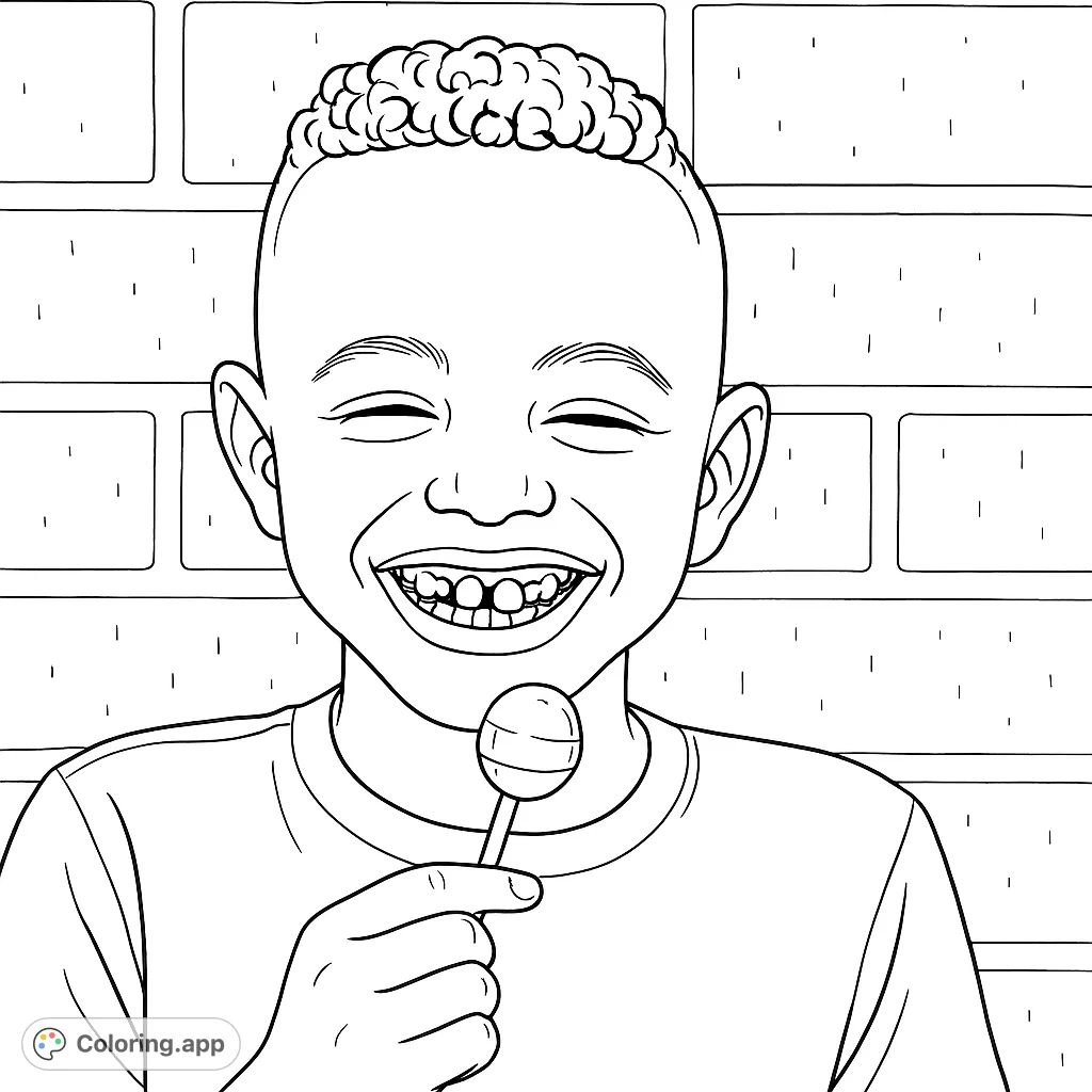 Capture the joy of a smiling boy holding a lollipop against a textured brick wall. A delightful and simple coloring page for all ages.