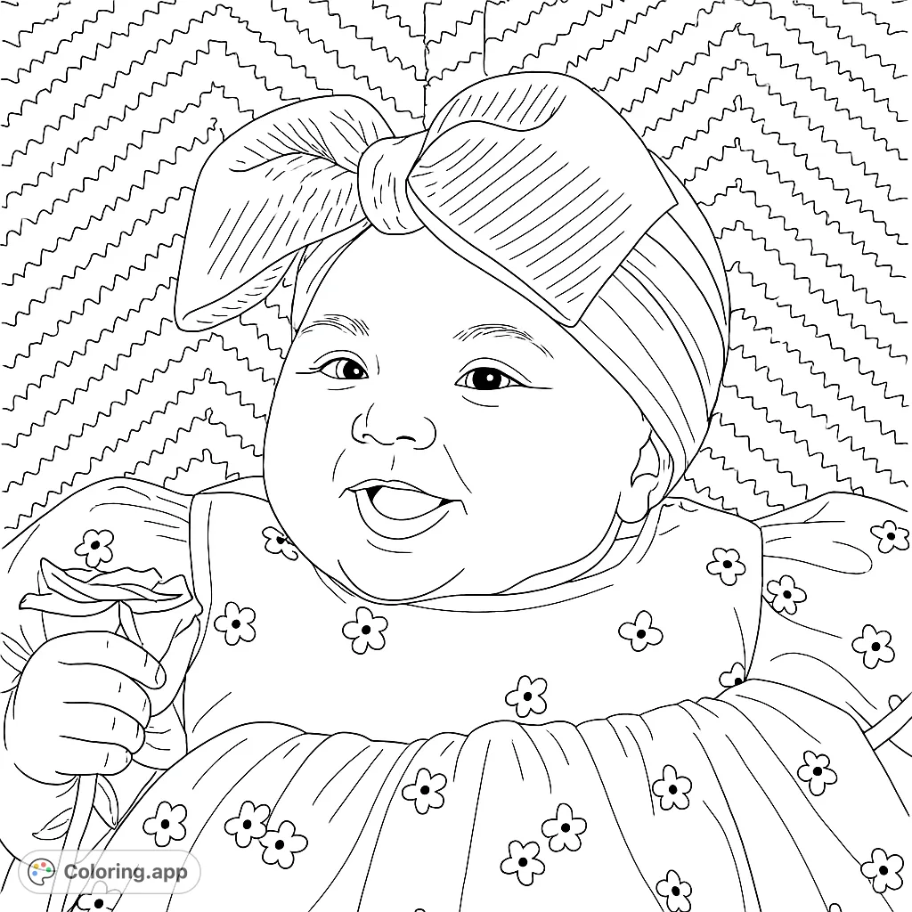 A delightful baby in a floral dress and large bow, holding a rose. Perfect for a charming baby coloring page, celebrating innocence and joy.