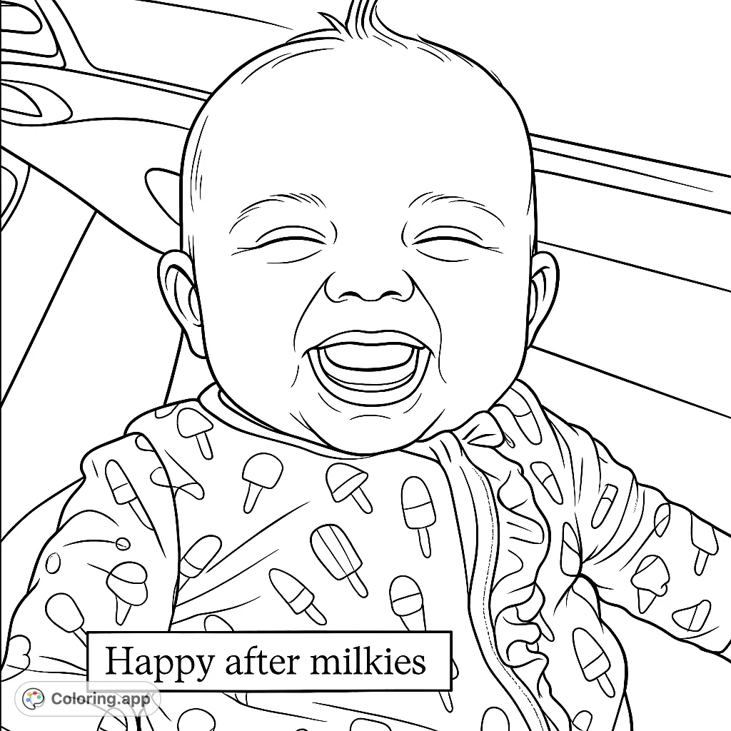 Capture pure joy with this sweet baby coloring page! Features a laughing infant with a tuft of hair, wearing a patterned sleeper. Perfect for all ages.