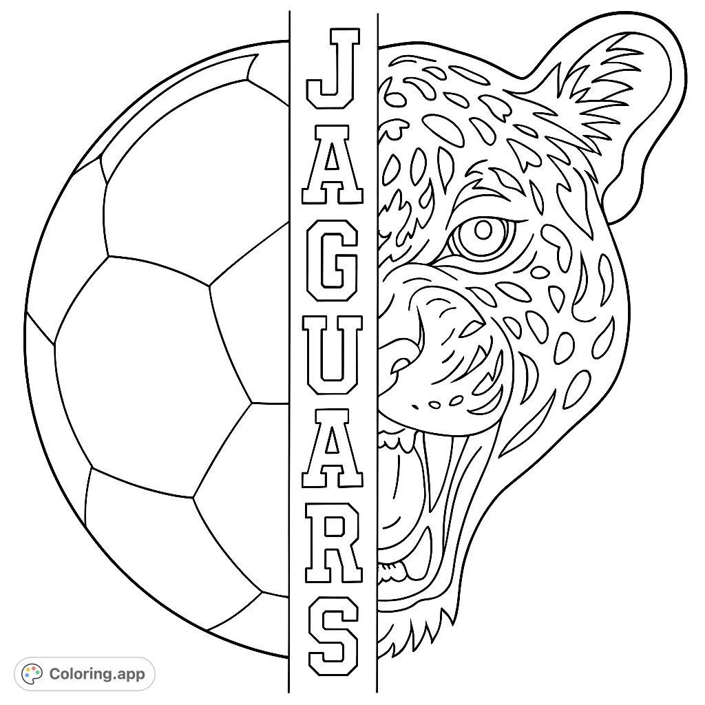 Dynamic design combining a soccer ball and a fierce jaguar head, with vertical text. Perfect for sports fans and animal lovers.