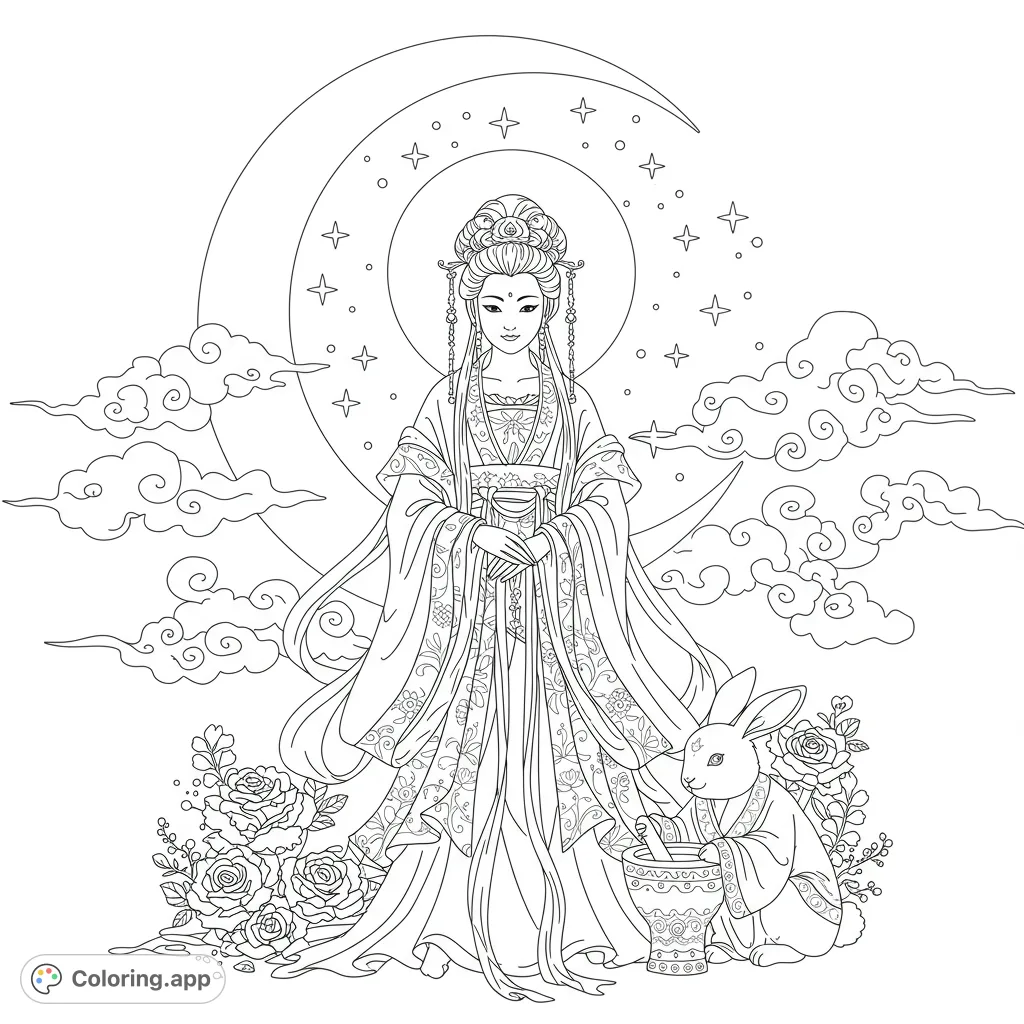 A charming Chang'e and Jade Rabbit coloring page, perfect for exploring Chinese folklore and celestial beauty with clean lines and bold outlines.