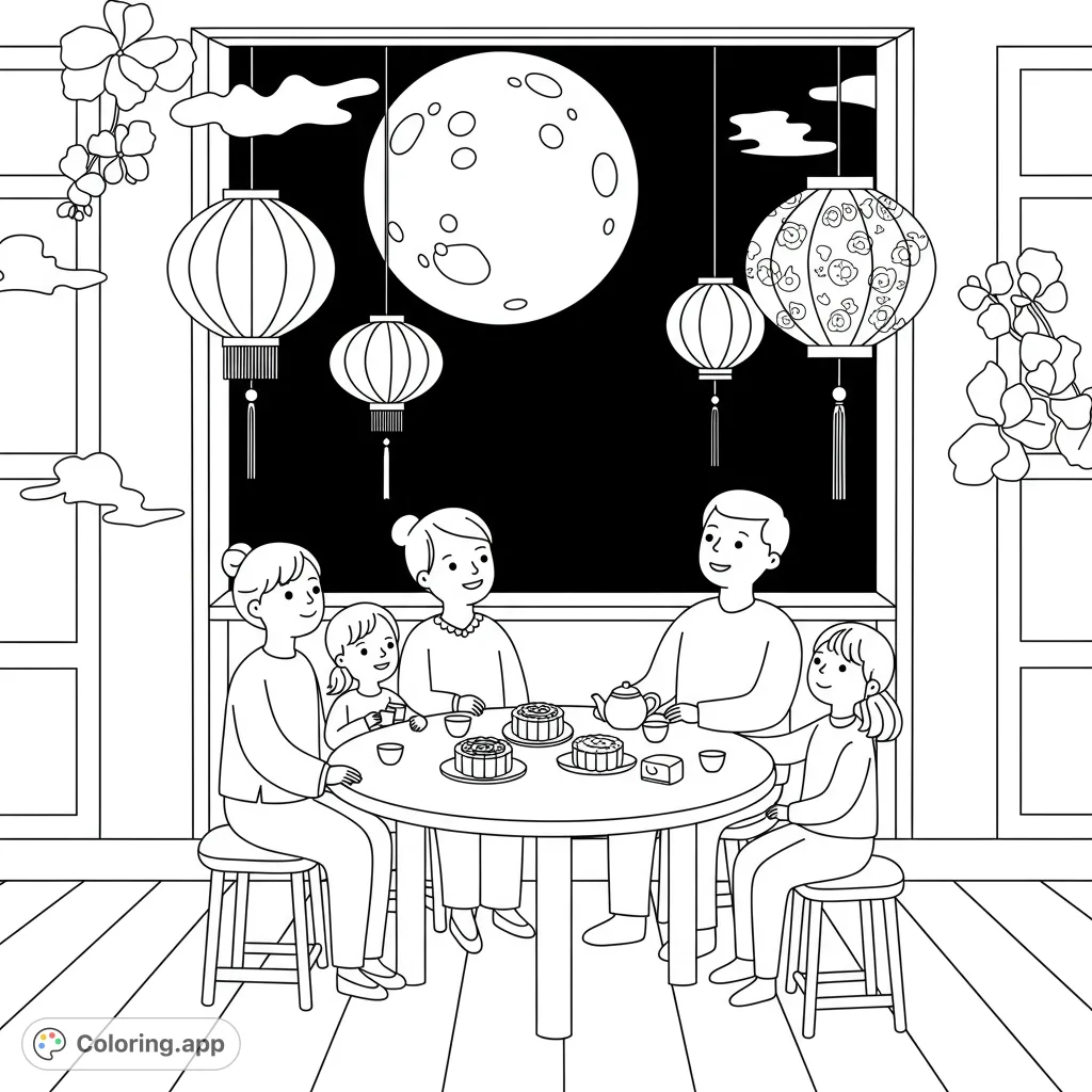 Celebrate Mid-Autumn Festival with a family enjoying moon cakes under a full moon, surrounded by festive Chinese lanterns. A heartwarming scene.