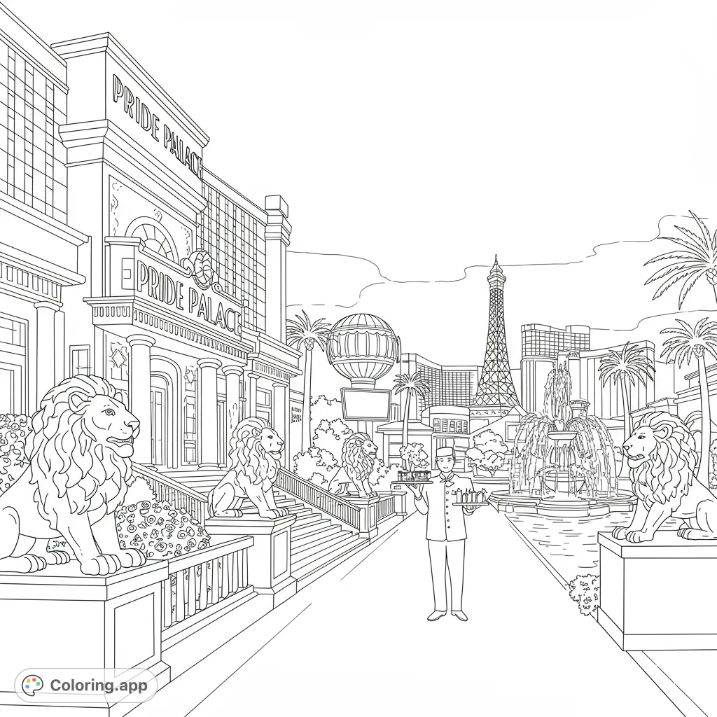 Explore a grand luxury hotel with majestic lion statues, spraying fountains, and a concierge, set against the iconic Las Vegas skyline.
