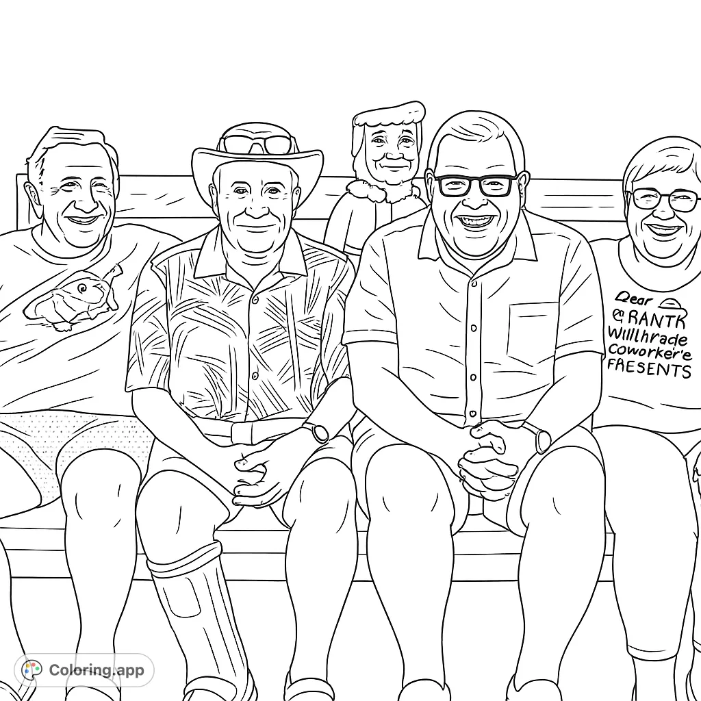 Capture a moment of shared joy with this group of smiling individuals on a bench, featuring a fun Santa cutout. Perfect for family and friends.