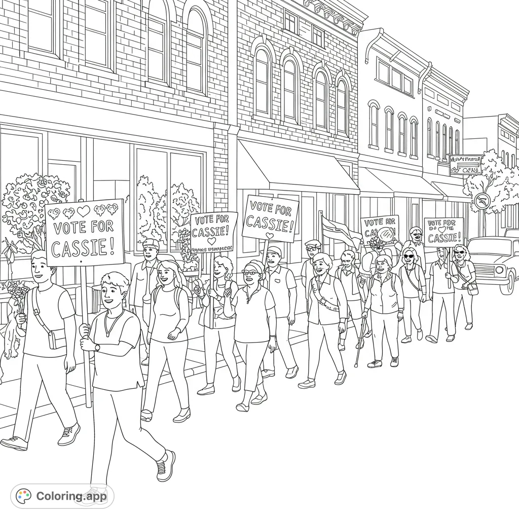 Join a joyful community election parade with diverse citizens, "Vote for Cassie!" signs, historic buildings, and parked cars in a lively urban scene.