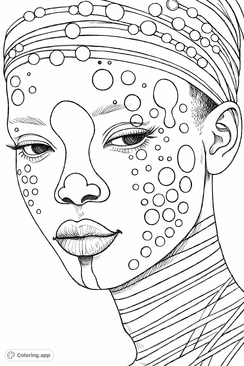 Unleash your creativity with this striking abstract portrait featuring intricate patterns of dots and stripes. A unique face art experience awaits!
