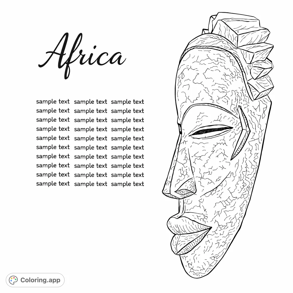 Discover the intricate details of an ancient African mask. This free printable coloring page invites you to explore cultural artistry with its unique forms and textures.