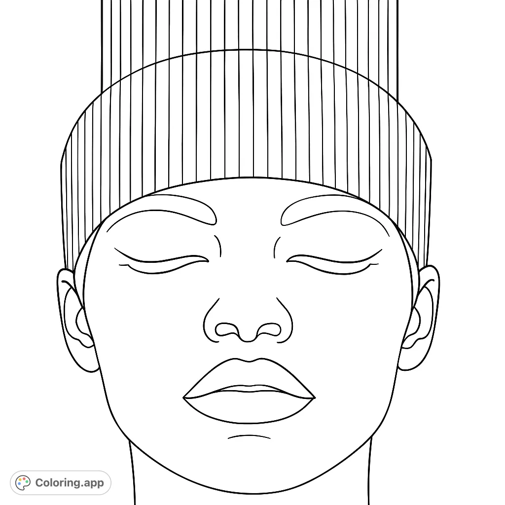 An elegant portrait featuring a person with closed eyes and a striking corrugated headpiece, offering a unique artistic coloring experience.