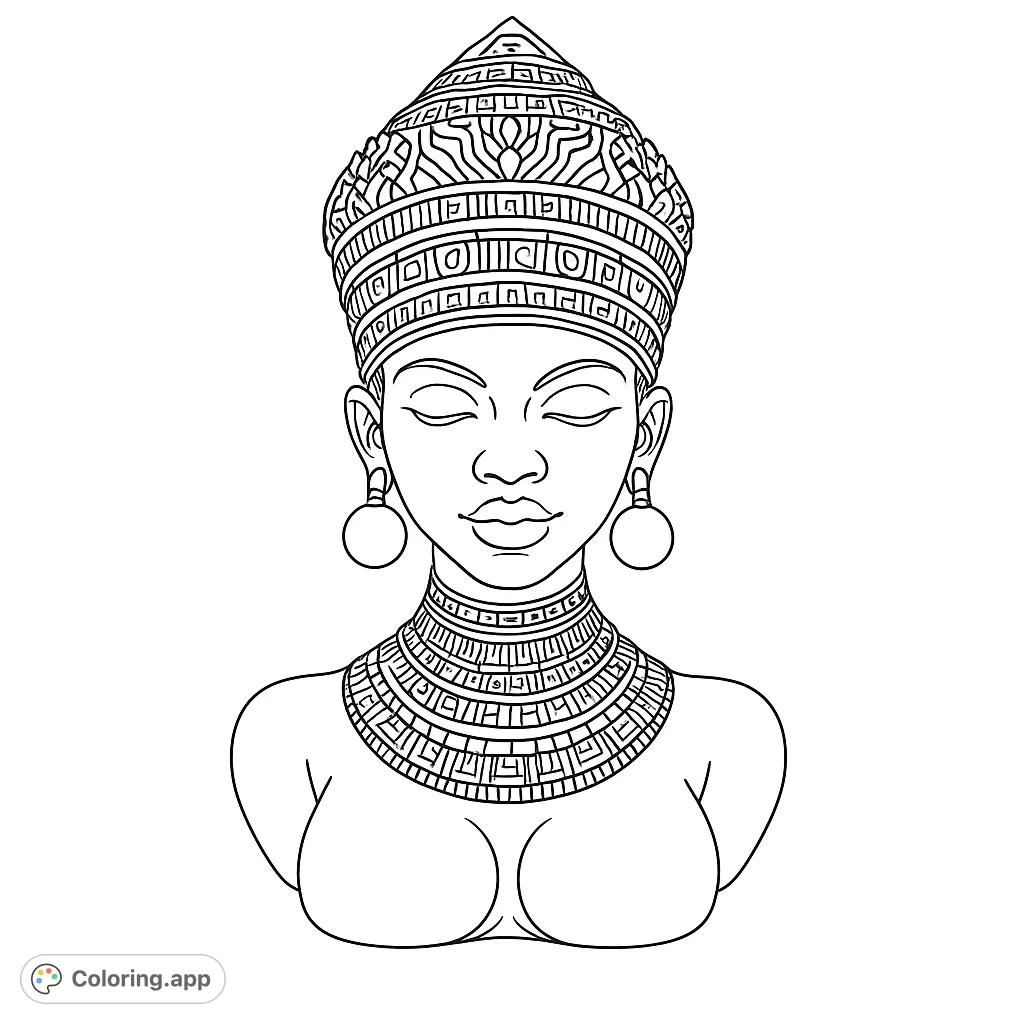 An intricate coloring page featuring a regal bust adorned with elaborate headwear and a multi-layered necklace, perfect for detailed coloring.