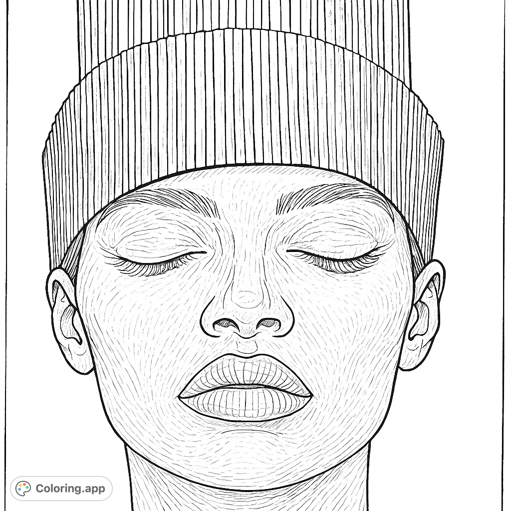 A striking portrait featuring a figure adorned with an elaborate, vertically textured headpiece, eyes closed in serene contemplation. Perfect for detailed coloring.