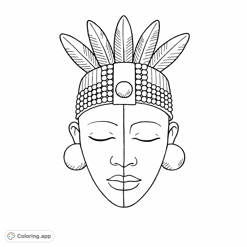 A captivating tribal mask coloring page featuring a vertically split face, feathered headpiece, and intricate beaded details, perfect for cultural exploration.