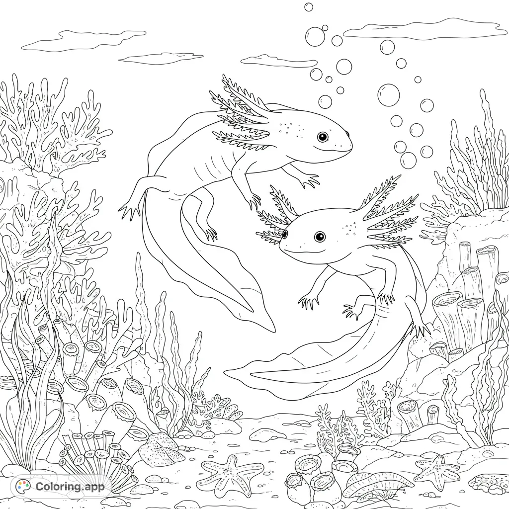 Dive into an enchanting underwater world with two adorable axolotls surrounded by vibrant ocean life. A delightful free printable axolotl coloring page.