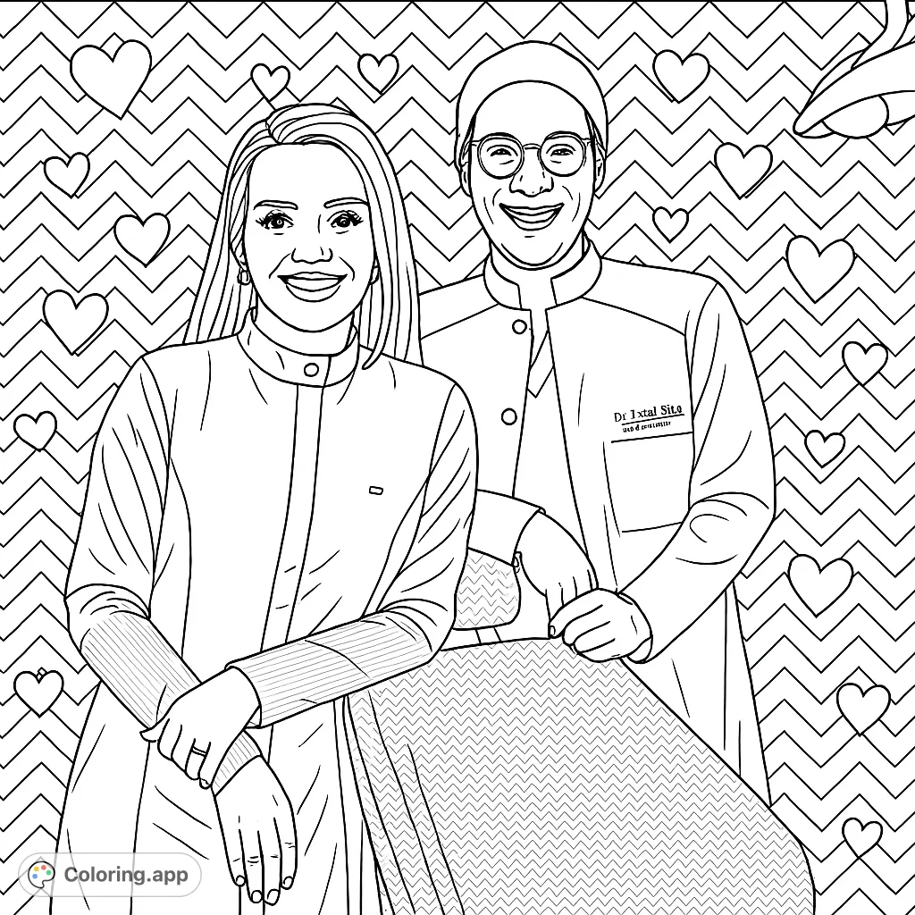 Color a detailed portrait of a smiling healthcare team in a professional setting, featuring intricate uniforms, decorative hearts, and a zigzag background.
