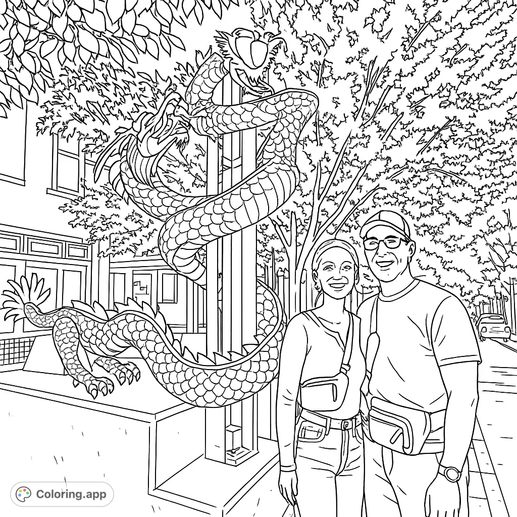 Unleash your creativity with this detailed dragon sculpture coloring page. Features a majestic dragon coiled around a pole in an urban setting.