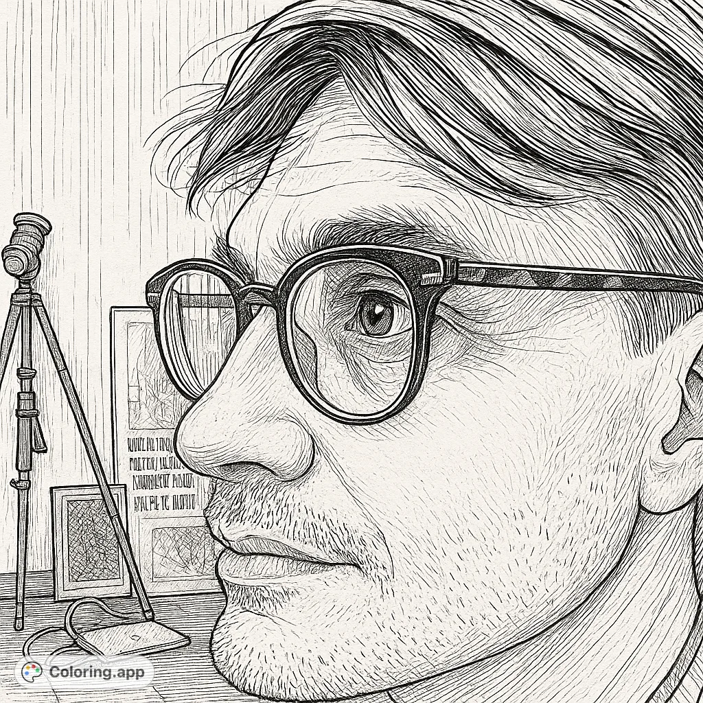 A highly detailed vintage portrait coloring page featuring a person in glasses, perfect for adults seeking a challenging and artistic experience.