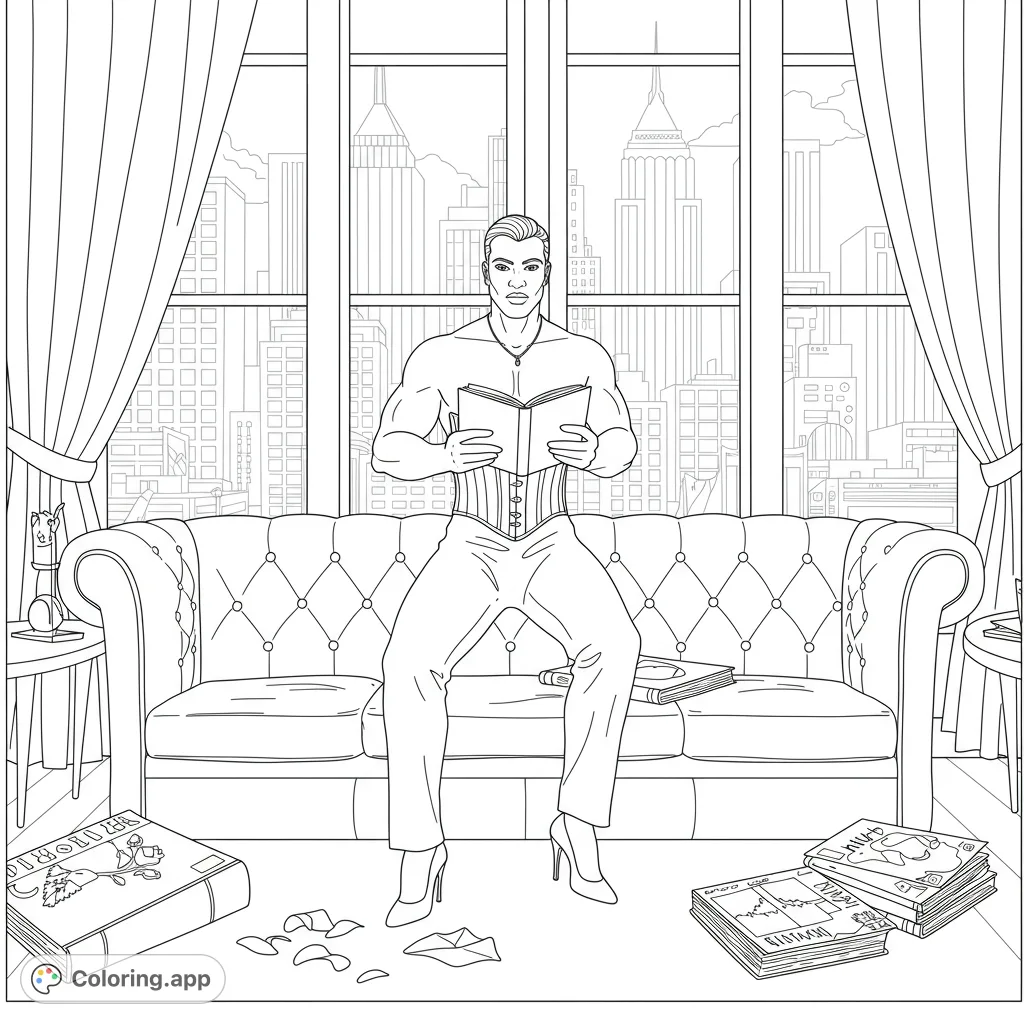 A powerfully built figure in a form-fitting suit on a mid-century sofa, with city skyscrapers in the background. A detailed vintage-inspired scene.
