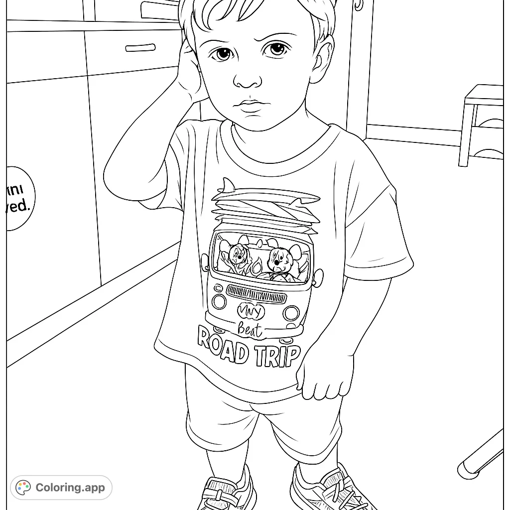 A charming coloring page featuring a child wearing a fun road trip van shirt with cartoon characters and surfboards, set against a simple indoor background.