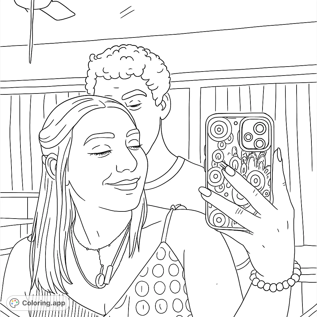 Capture a sweet moment with this couple mirror selfie coloring page. Features a woman holding a patterned phone, with a man behind her. Perfect for personalizing!