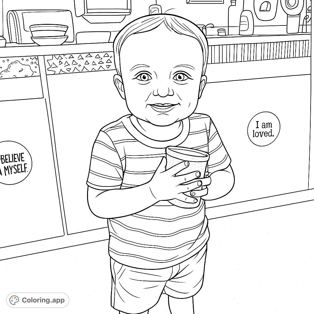 A delightful toddler coloring page featuring a happy child holding a small object, perfect for young artists to explore creativity and fine motor skills.