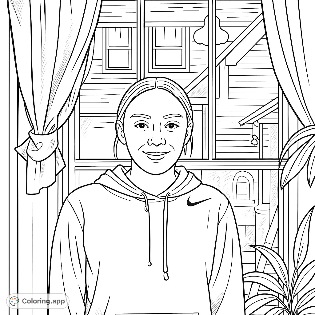 A casual portrait of a young person in a hoodie standing by a window, offering a relatable scene for creative expression and detailed coloring.