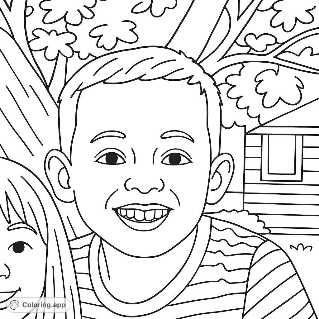 A delightful free printable smiling boy portrait coloring page, perfect for kids to express creativity. Features a happy child with a striped shirt in an outdoor setting.
