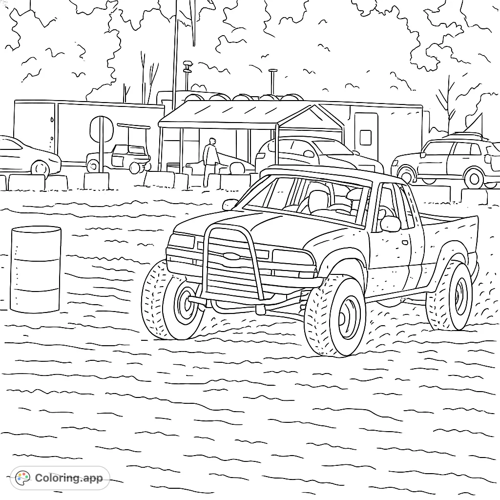 Experience the thrill of off-road action with this mud truck coloring page! A powerful truck navigates a muddy track, perfect for adventure lovers.
