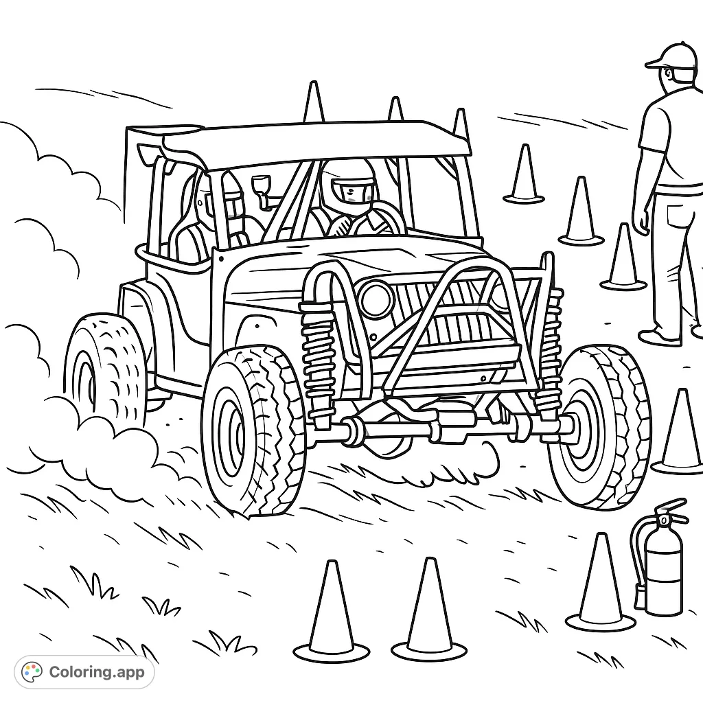 Experience the thrill of off-road adventure with this dynamic coloring page featuring a powerful vehicle kicking up dust on a rugged track.