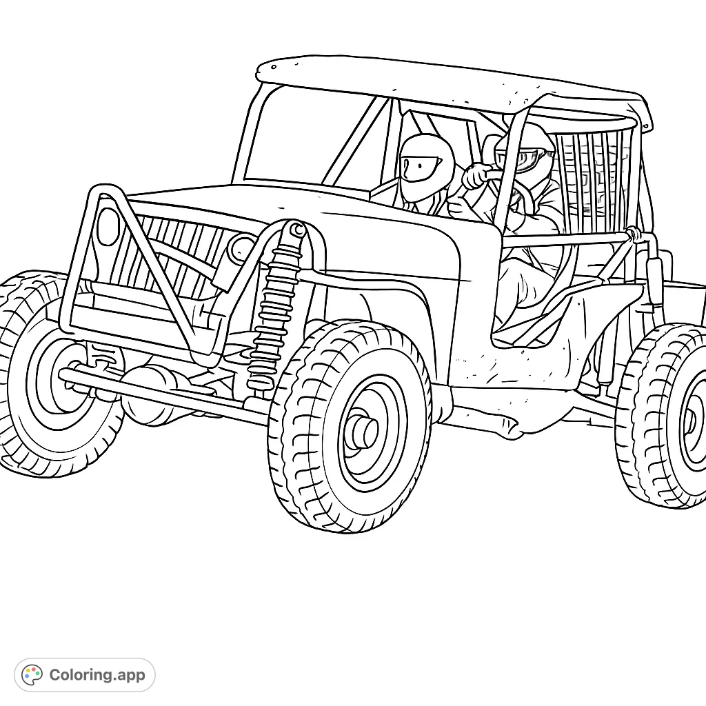 Unleash your creativity with this rugged off-road buggy coloring page, featuring a detailed vehicle with large tires and a driver ready for adventure.