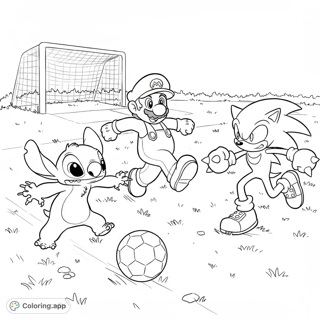 Join Stitch, Mario, Sonic, and Knuckles in an action-packed soccer match! A fun, free printable coloring page for fans of these iconic characters.