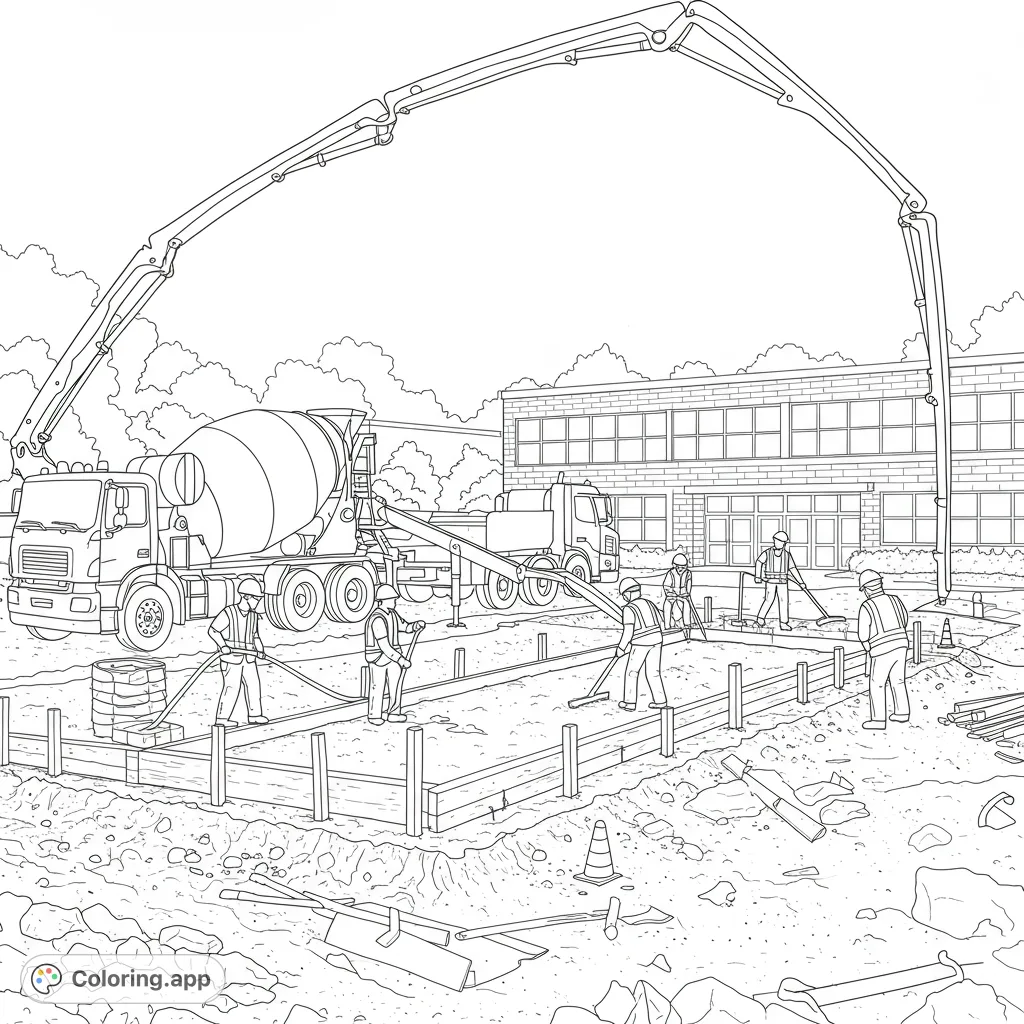Explore a dynamic construction site at an elementary school, featuring a concrete mixer truck, pump truck, and workers shaping a new foundation.