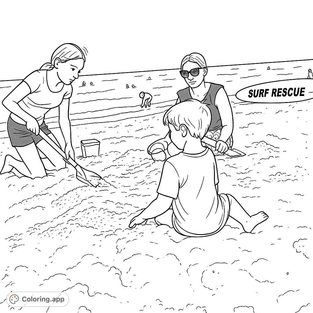 Enjoy a sunny beach day with family! This fun coloring page features kids and an adult playing in the sand by the ocean, perfect for summer creativity.