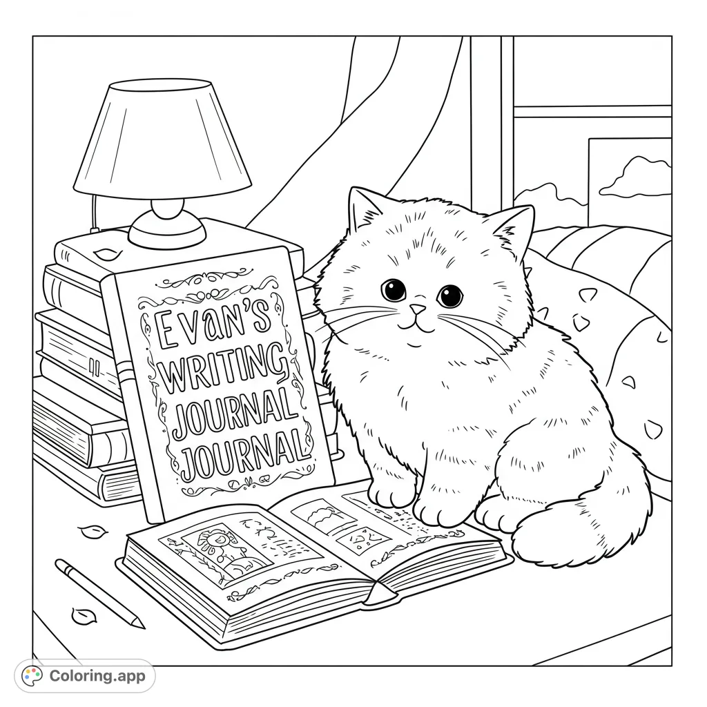 A delightful coloring page featuring a fluffy cat beside an open journal with "Evan's Writing Journal" text, set in a cozy, inspiring space.