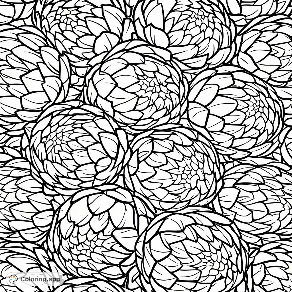 Explore an intricate artichoke coloring page, featuring a dense, repeating pattern of layered bracts. A detailed challenge for creative minds!